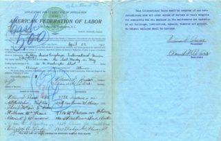 Application for Certificate of Affiliation to the American Federation of Labor, April 23, 1921.